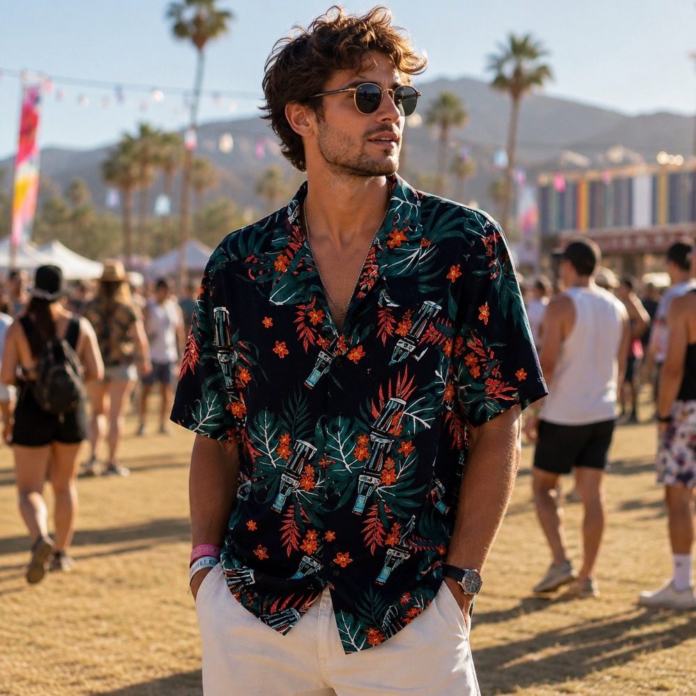 Coca Cola Black & Red Floral, Monstera Leaf Men's Rayon Shirt, Large
